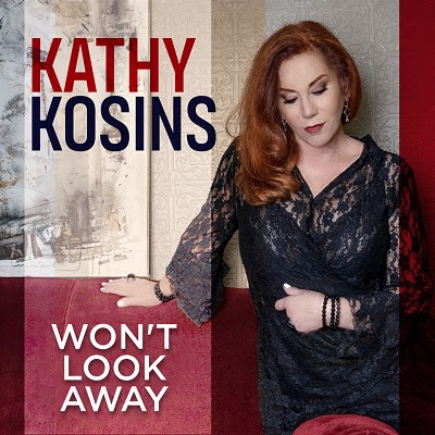 Woman in a black dress with text Kathy Kosins Won't Look Away